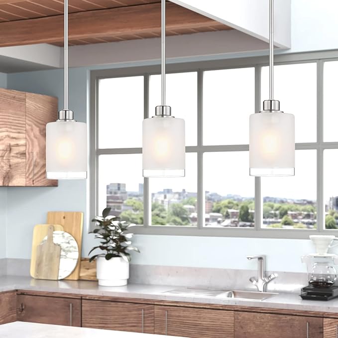 3 Pack 1-Light Industrial Farmhouse Kitchen Island Pendant Ceiling Light Frosted Glass Fixture,Brushed Nickel Finish for Bedroom Hallway Dining Room Entryway Over Sink