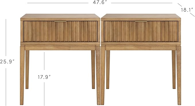 Nathan James Boho Jasper Wood Nightstand with Drawer, Fluted Side Table or End Table with Storage, Light Brown, Set of 2