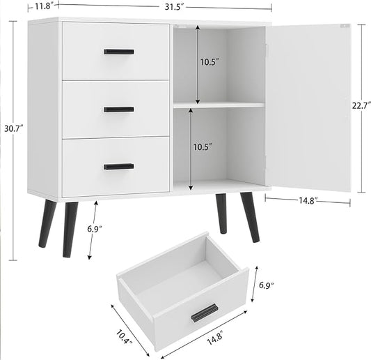 TEENFON White Storage Cabinet with Adjustable Shelf & 3 Drawers, Small Bathroom Cabinet with Door, Freestanding Floor Storage Unit for Living Room, Home Office, White