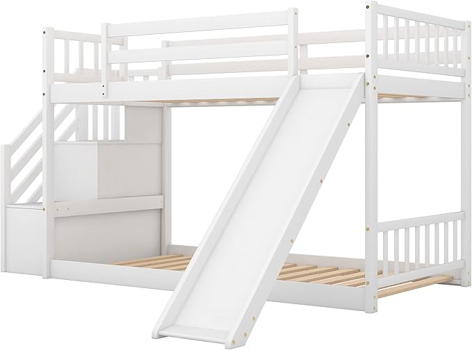 Twin Over Twin Low Bunk Bed with Slide and for Storage Staircase for Teens, Boys or Girls, No Box Sping Needed