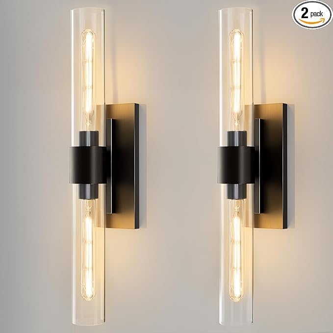 Black Brass Bathroom Wall Sconce - Set of 2 Modern Linear Light Sconces - Clear Glass Tube Vanity Lights - Vertical or Horizontal Mounted Dimmable Lighting Fixtures for Indoor Living Room Hallway