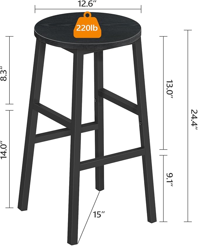 Bar Stools, Set of 2 Round Bar Chairs with Footrest, 24.4 Inch Kitchen Breakfast Bar Stools, Industrial Bar Stools, Easy Assembly, for Dining Room, Kitchen, Black BAHB0201 (Pack of 3)