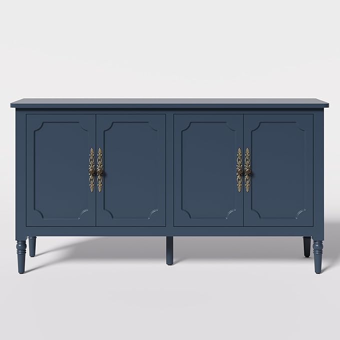 Console Cabinet, 58" Mid Century Modern Pantry Cabinet, Wood Buffet Cabinet, Media Cabinet with 4 Doors, Accent Sideboard for Entryway, Living Room, Dining Room (Blue)