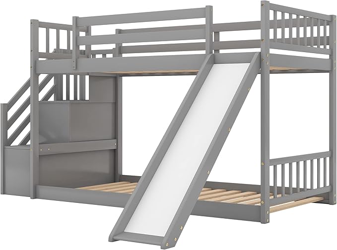 Twin Over Twin Bunk Bed with Slide and for Storage Staircase for Teens, Boys or Girls, No Box Sping Needed
