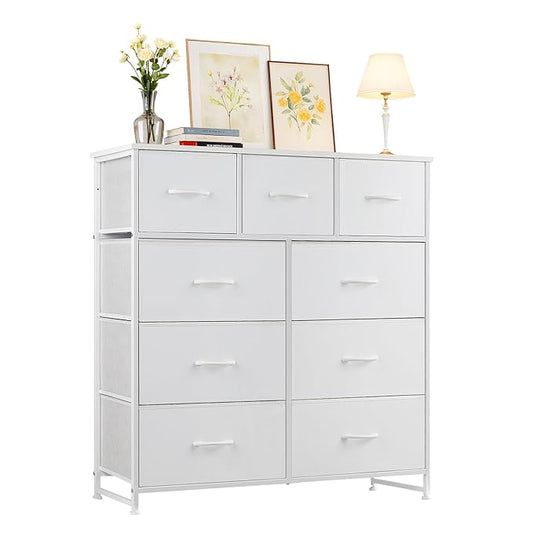 Dresser with 9 Drawers for Bedroom, Fabric Clothes Cabinet for Closet, Anti-Tip Storage Dresser with Metal Frame for Living Room, Entryway, Dorm, White