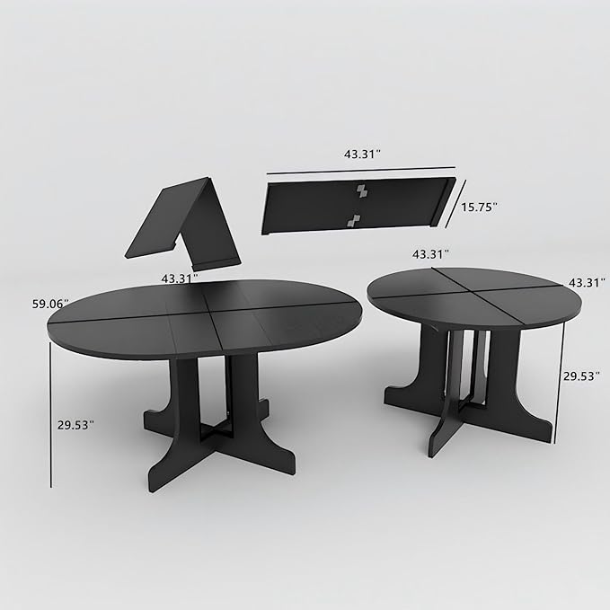 Ball & Cast Extendable Round Dining Table for 4-6,43.3-59" Transformer Kitchen Table W/Removable Leaf Trestle & X-Shaped Base,Modern Oval Extendable Dining Room Table for Small Space,Black
