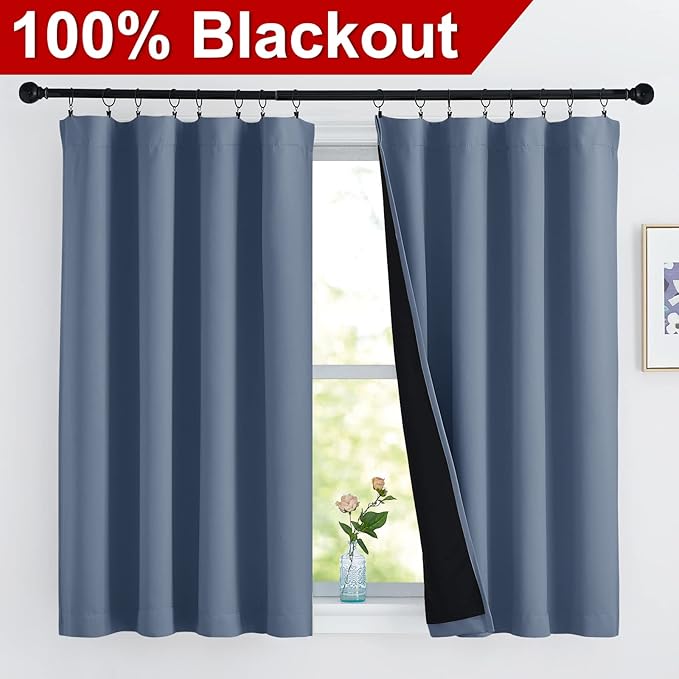 NICETOWN 100% Blackout Curtains with Black Liners, Thermal Insulated Full Blackout 2-Layer Drapes, Energy Efficiency Window Draperies for Boy's Room (Stone Blue, 2 Panels, 52 inches W by 54 inches L)