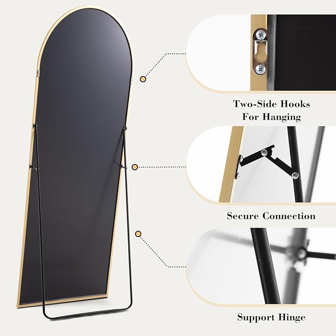 OLIXIS Arched Full Length Mirror 59"x16" for Bedroom, Full Body Mirror with Stand, Hanging or Leaning for Wall, Aluminum Alloy Thin Frame Floor Standing for Living Room, Tall, Gold