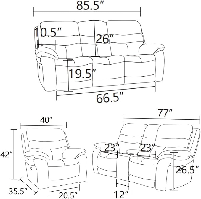 Power Reclining Sofa Set, Genuine Leather Recliner Sofa Set,Living Room Furniture Setwith USB Charging and LED Lights,for Living Room/Apartment/Office/Home Theather,Light Grey,C+L+S