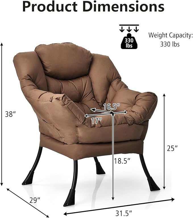 GORELAX Modern Lazy Chair,Upholstered Lounge Accent Chair, Single Leisure Sofa Chair with Armrests & Side Pocket, Comfy Reading Chair for Bedroom, Living Room, Dorm Room (Brown)