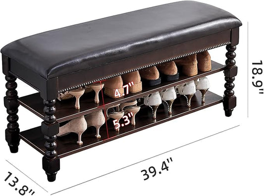 LKZ Shoe Storage Bench, Solid Wood Shoe Bench with Microfiber Leather Cushion Seat for Hallway, Entryway, Living Room, Bedroom (Walnut, 39.4'')