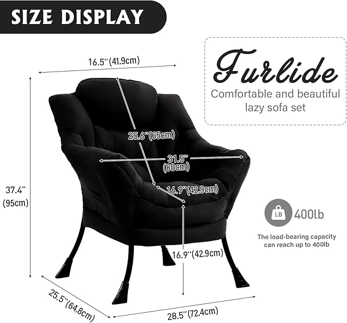 Lazy Chair for Living Room, Modern Accent Chairs with Armrests, Black Armchairs with Side Pocket, Cozy Lazy Sofa for Reading, Balcony, Bedroom, Dorm, Small Spaces