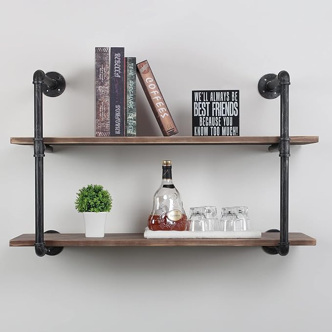 MBQQ Industrial Pipe Shelving Wall Mounted,36in Rustic Metal Floating Shelves,Steampunk Real Wood Book Shelves,Wall Shelf Unit Bookshelf Hanging Wall Shelves,Farmhouse Kitchen Bar Shelving(2 Tier)