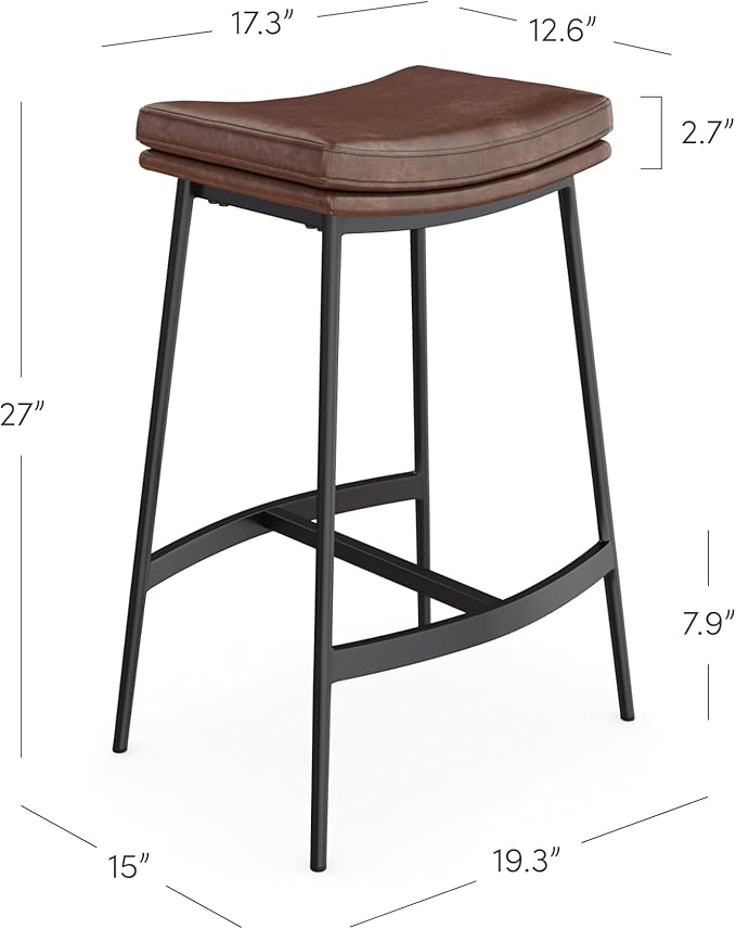 Arlo Modern Backless Upholstered Kitchen Counter Bar Stool with Double-Layered Saddle Seat and Black Metal Base, Brown/Matte Black, Set of 4