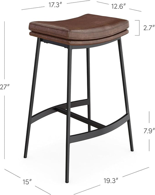 Arlo Modern Backless Upholstered Kitchen Counter Bar Stool with Double-Layered Saddle Seat and Black Metal Base, Brown/Matte Black, Set of 4