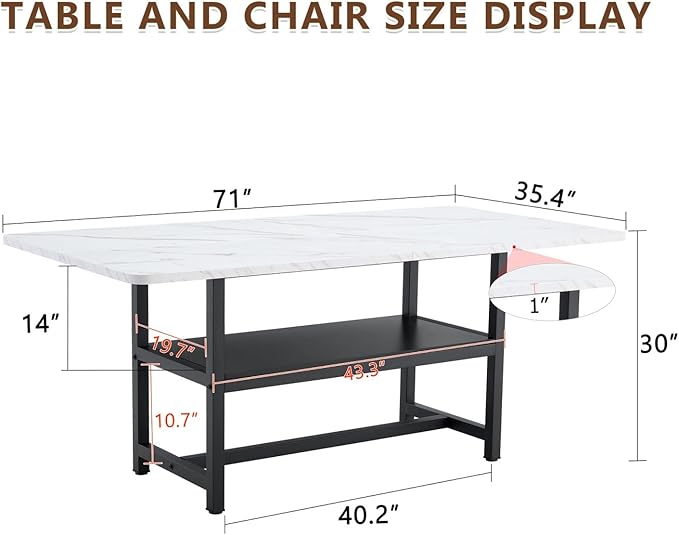 Dining Table, 71 inch Kitchen Table with Storage Shelf, Dinner Table with Black Textured Tabletop & Metal Legs, Minimalist Design for Family Gatherings, Fits Modern Home Decor, Black White