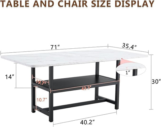 Dining Table, 71 inch Kitchen Table with Storage Shelf, Dinner Table with Black Textured Tabletop & Metal Legs, Minimalist Design for Family Gatherings, Fits Modern Home Decor, Black White