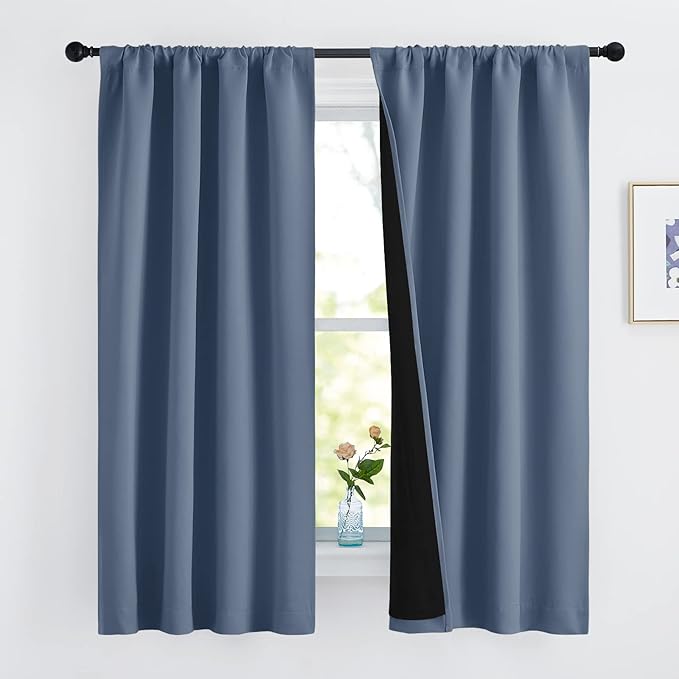 NICETOWN 100% Blackout Curtains, Thermal Insulated Black Liner Panels for Nursery Room, Noise Reducing and Cold Blocking Drapes for Windows (Set of 2, Stone Blue, 42 inches Wide by 63 inches Long)
