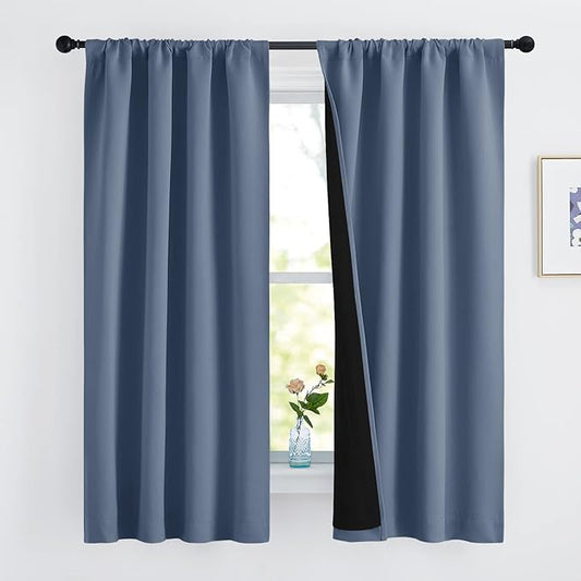 NICETOWN 100% Blackout Curtains, Thermal Insulated Black Liner Panels for Nursery Room, Noise Reducing and Cold Blocking Drapes for Windows (Set of 2, Stone Blue, 42 inches Wide by 63 inches Long)