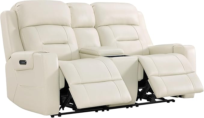 Watson & Whitely Genuine Leather Power Loveseat Recliner Sofa, Lay Flat Reclining Sofa with Console, Power Headrest, Cup Holders & Wireless Charging, Dual Recliner for Living Room, Cream