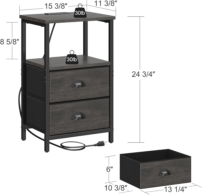 Nightstand with Charging Station, LED Night Stand with 2 Fabric Drawers, Bedside Tables End Table with Drawers, 2-Tier Storage Side Table Nightstand with Drawers for Bedroom, Black Oak