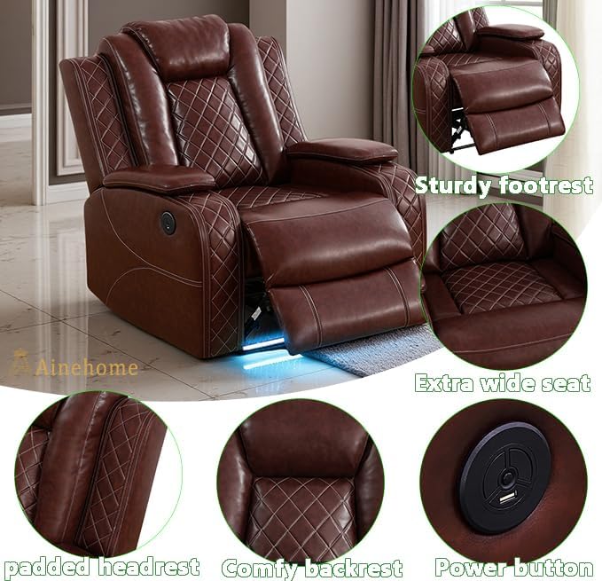 A Ainehome Leather Power Recliner Sectioanl Sofa Set, Living Room Furniture Sets, Power Reclining Sofa, Loveseat and Chair with USB Chargers/Cup Holder for Living Room/Office(A-Brown)