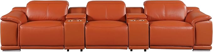 BlackJack Furniture Venice Top Grain Italian Leather Power Recline 5 Piece Sofa - 134" Theater Seating Modern Couch for Living Room Apartment Lounge Home with Adjustable Headrests & USB Port, Camel
