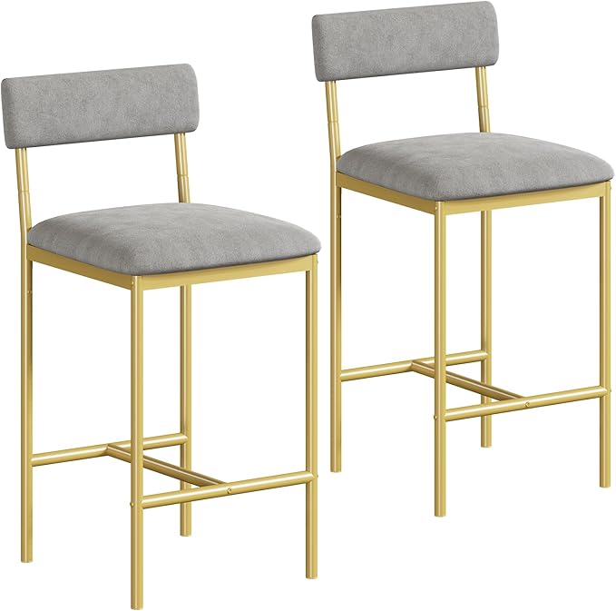 GAOMON Bar Stools Set of 2, Kitchen Bar Stools with Footrest, 25.5 Inches Upholstered Bar Chairs with Back, Counter Height Barstools for Counter Bar, Island, Easy Assembly,Gray and Gold