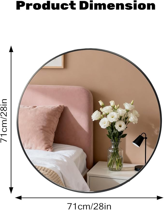 Simple Deluxe 28 Inch Round Bathroom Mirror, Black Vanity Mirror with Metal Frame, Modern Circle for Bathroom, Entryway, Bedroom, Living Room, Wall Mounted Decorative Mirrors (Black)