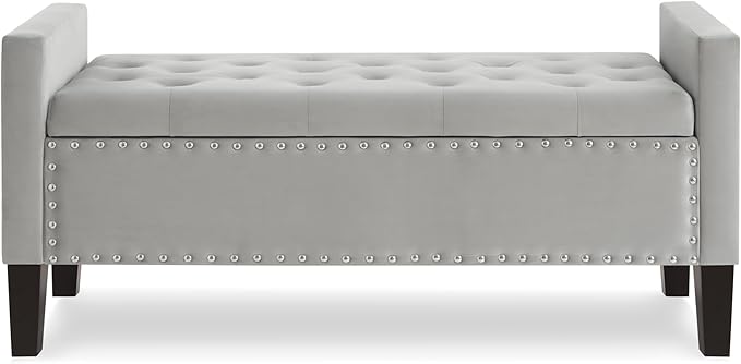 Velvet Storage Ottoman with Armrests, Upholstered Button Tufted Entryway Bench with Nails Trim for Bedroom End of Bed, Living Room,Gray