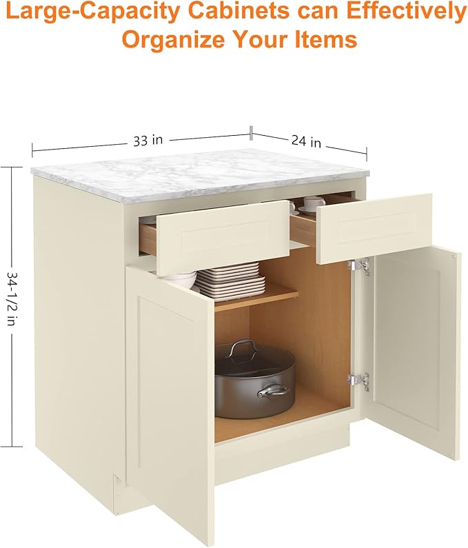 LOVMOR Kitchen Base Cabinets, Sideboard Storage Cabinet, Entryway Cabinet with 2-Drawers & Adjustable Shelf, 33" W X 24" D X 34-1/2"H
