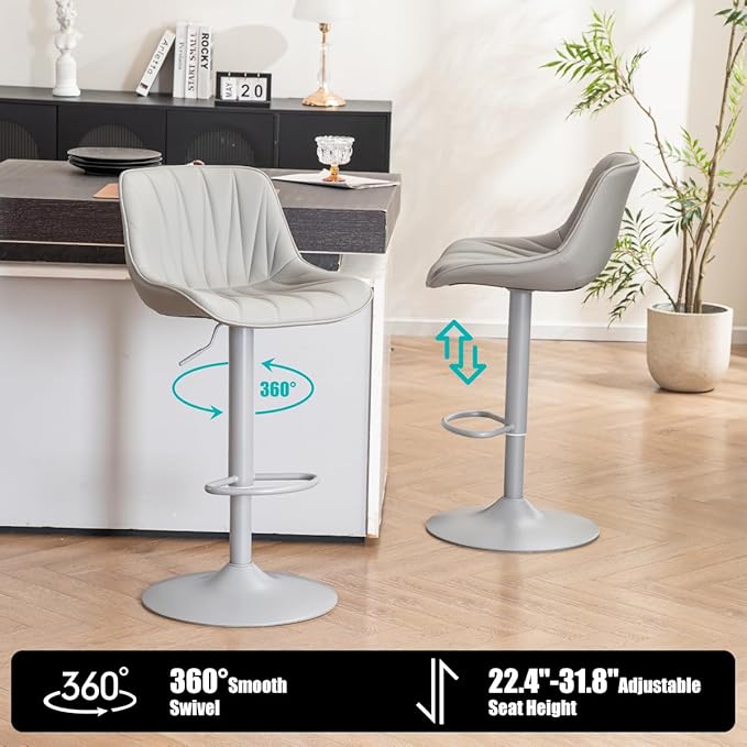 Kidol & Shellder Bar Stools Set of 2 Gray Adjustable Swivel Counter Height Barstools Upholstered Modern PU Leather Bar Chairs Stools for Kitchen Island