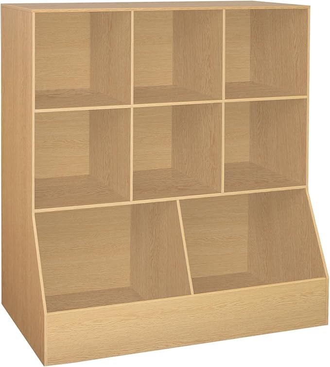 DINZI LVJ Toy Storage Organizer, Kids Bookshelf, Wood Toy Storage Cabinet, 3-Tier 8 Cubby Children Bookcase, 39.4" L Toddler Book Shelf for Playroom, Living Room, Nursery, Hallway, School, Natural