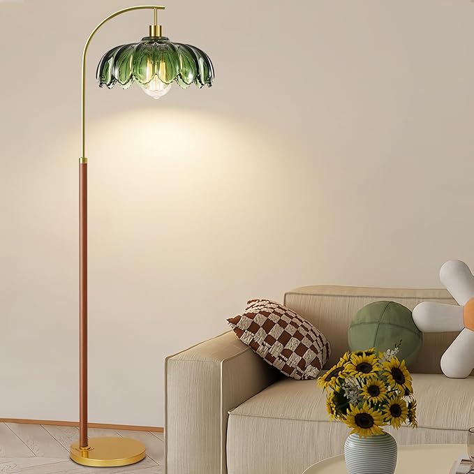 Wood Floor Lamps for Living Room,Gold Floor Lamp with Remote Control & Glass Lampshade,Arc Flower Lamp Dimmable Mid Century Modern Standing Lamp Vintage Brass Tall Floor Lamp For Bedroom Corner