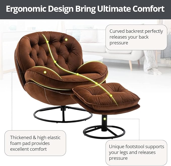 Velvet Swivel Accent Chair with Ottoman Set, Modern Lounge Chair with Metal Base Frame & Footrest, Comfortable Single Leisure Sofa Chair Reading Chair with 360 Degree Swiveling for Living Room, Brown