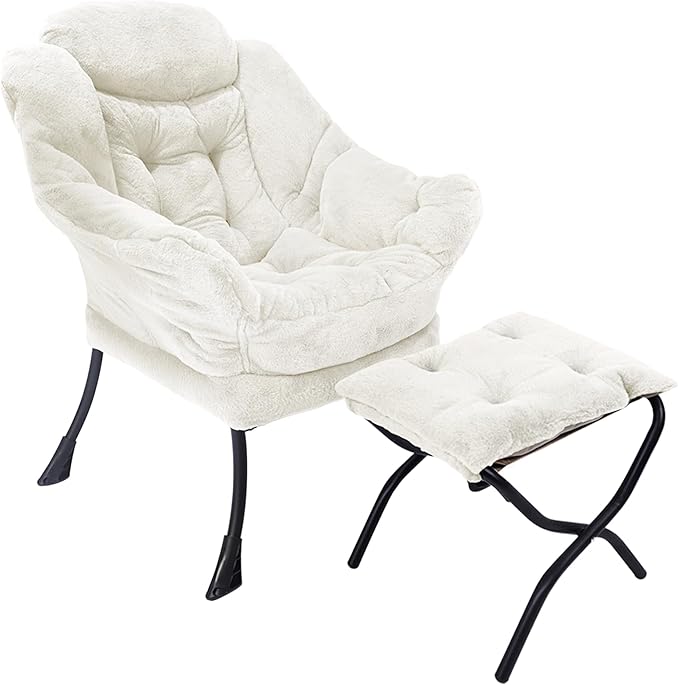 Kokel Lazy Chair with Folding Ottoman,Living Room Chairs, Accent Contemporary Lounge Chair, Single Steel Frame Leisure Sofa Chair with Armrests and A Side Pocket (TM3WHITE)