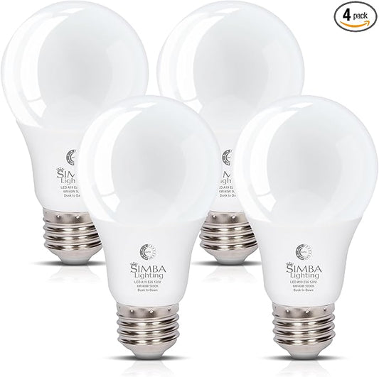 Simba Lighting LED Outdoor Light Bulbs with Photocell Sensor Dusk to Dawn Smart Auto On and Off (4 Pack) A19 6W 40W Replacement for Porch, Night Light, Garage Door, E26 Medium Base, 5000K Daylight