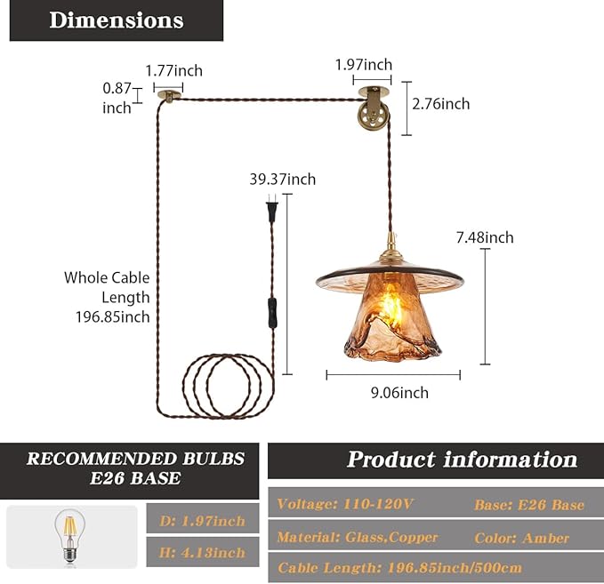YLONG-ZS Vintage Glass Hanging Pendant Light Plug in, Modern Gold Brass Pulley Hanging Ceiling Pendant Lights for Kitchen Island,Dining Room,Living Room,Bedroom,Corner, Hotel