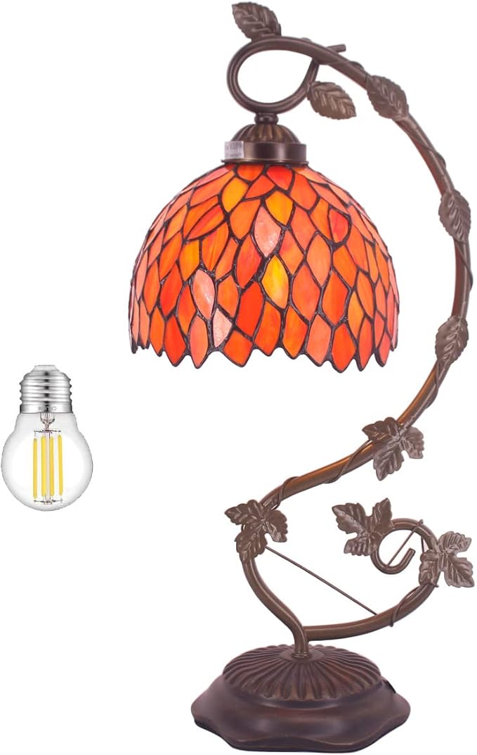 WERFACTORY Tiffany Lamp Red Wisteria Stained Glass Table Lamp, Metal Leaf Base 8X10X21 Inches Desk Reading Light Decor Small Space Bedroom Home Office S523R Series
