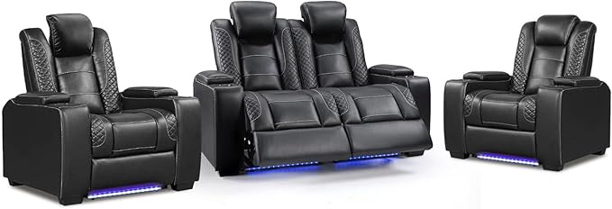 ANJ Power Reclining Loveseat, 2-Seater Electric Recliner Sofa with LED Lights, USB Charging & Cup Holders, Faux Leather Living Room Furniture for Home Theater, Small Spaces & RV (Black)