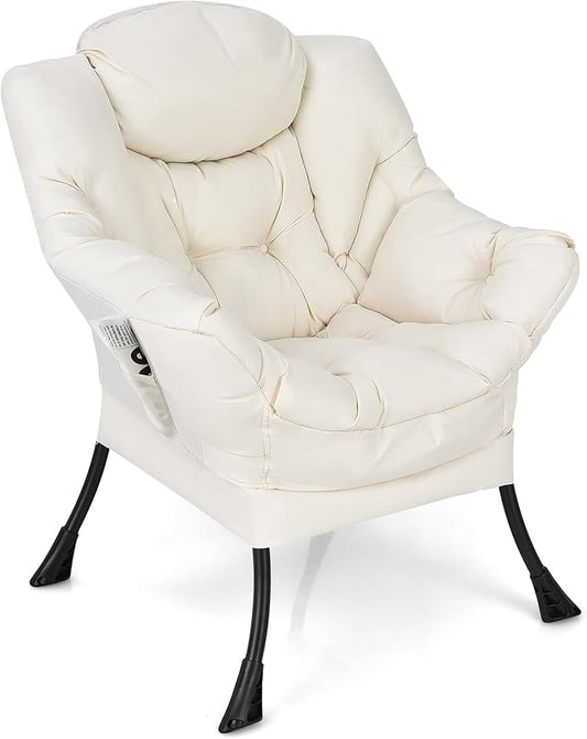 KOMFOTT Modern Accent Chair, Soft Upholstered Lazy Sofa with Side Pocket & Armrests, Single Sofa Armchair, Leisure Sofa Chair for Living Room, Bedroom, Beige