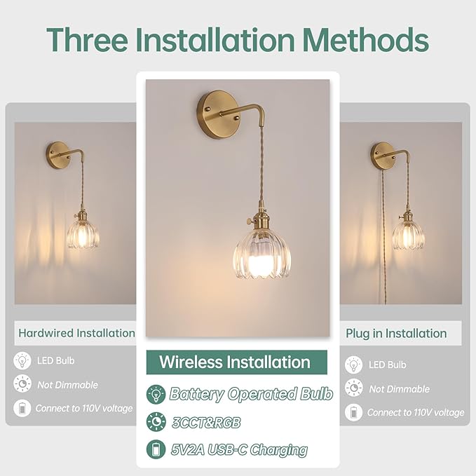 Battery Operated Wall Sconce with Clear Tulip Shade Pattern Glass Adjustable Chain Retro Gold Wall Mounted Light, Modern Wall Decor for Bedside Bedroom Indoor Doorway， Set of 2