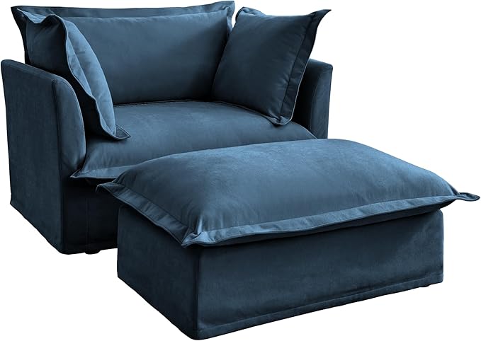 KEIKI Oversized Accent Chair with Ottoman, Chaise Lounge Chair with 2 Pillows, Armchair Sets, Oversized Sofa Bed, Sleeper Couch Reading Chairs for Living Room, Blue