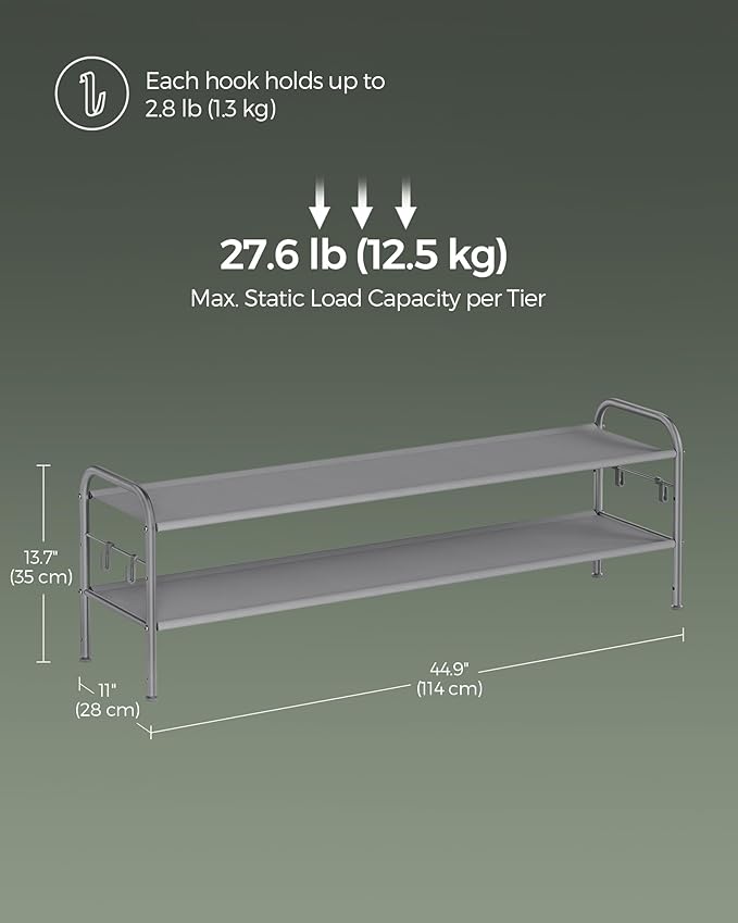 SONGMICS Shoe Rack, 2-Tier Shoe Organizer, Fabric Shoe Shelf Storage with 4 Hooks, Holds up to 12 Pairs of Shoes, Height-Adjustable Shoe Rack for Entryway, Hallway, Closet, Easy Assembly, Dove Gray
