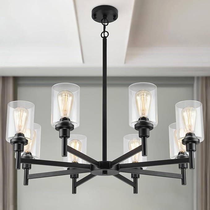 Black Chandeliers for Dining Room Light Fixture, Modern Farmhouse Chandelier, 8 Lights with Clear Glass Shade Industrial Hanging Lighting for Living Room Kitchen Island Bedroom