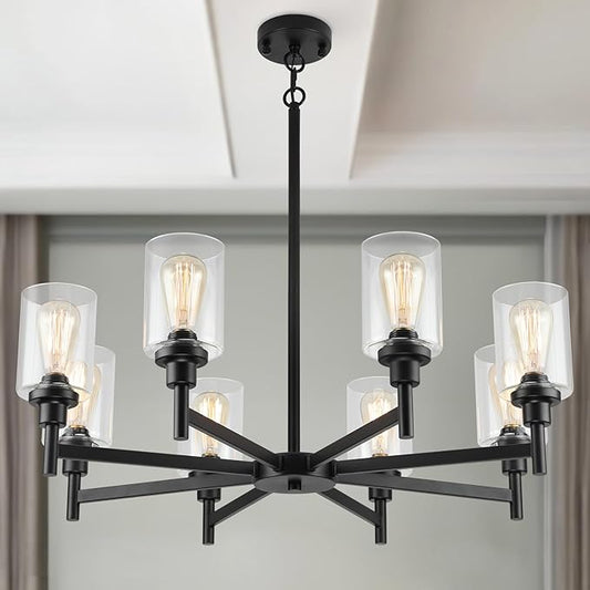 Black Chandeliers for Dining Room Light Fixture, Modern Farmhouse Chandelier, 8 Lights with Clear Glass Shade Industrial Hanging Lighting for Living Room Kitchen Island Bedroom