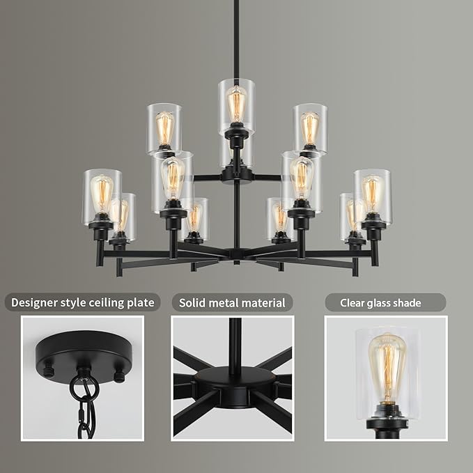 Black Chandelier for Living Room Light Fixture, Large Farmhouse Chandeliers with Clear Glass Shade, Industrial 2-Tier 12 Lights Hanging Lighting for Dining Room Restaurant Villa