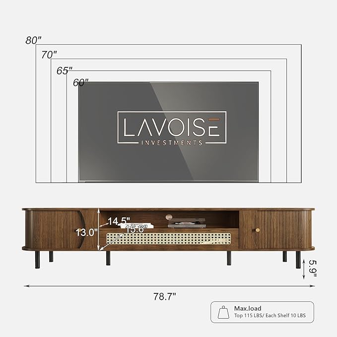 basenji 79" Fluted TV Stand with Sliding Doors & Rattan,Mid Century Modern Entertainment Center with Storage,Curved Edge Design,Media Console for TVs up to 85",TV Consoles for Living Room,Walnut