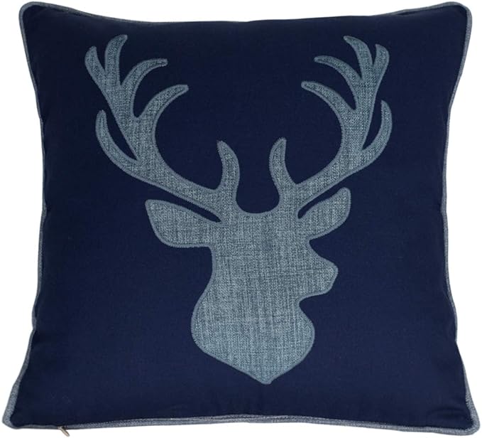 Cotton Pillow Case Decorative Deer Head Pillow Cover for Sofa Cushions Covers 18x18 Inches (Navy)