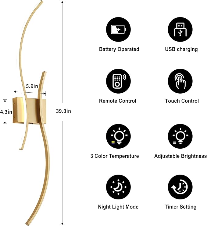 Battery Operated Wall Sconces Set of Two with Remote Control, Battery Wall Light, Stepless Colors 3000K-6000K & Dimming, Gold Rechargeable Wall Sconces for Living Room, Hallway, Bedroom, 39.3 Inch
